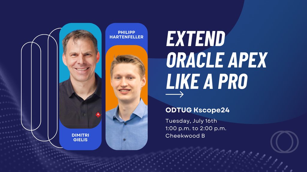 United Codes (@united_codes) on Twitter photo Are you ready to take your #orclapex experience to the next level?
Join <a href="/dgielis/">Dimitri Gielis</a> and <a href="/phartenfeller/">Philipp Hartenfeller</a> for our session at <a href="/odtug/">Oracle Developer & Technology User Group (ODTUG)</a> #Kscope24 to learn about the latest tools to elevate your game!
There might even be something new... 🤓 Are you ready to take your #orclapex experience to the next level?
Join <a href="/dgielis/">Dimitri Gielis</a> and <a href="/phartenfeller/">Philipp Hartenfeller</a> for our session at <a href="/odtug/">Oracle Developer & Technology User Group (ODTUG)</a> #Kscope24 to learn about the latest tools to elevate your game!
There might even be something new... 🤓