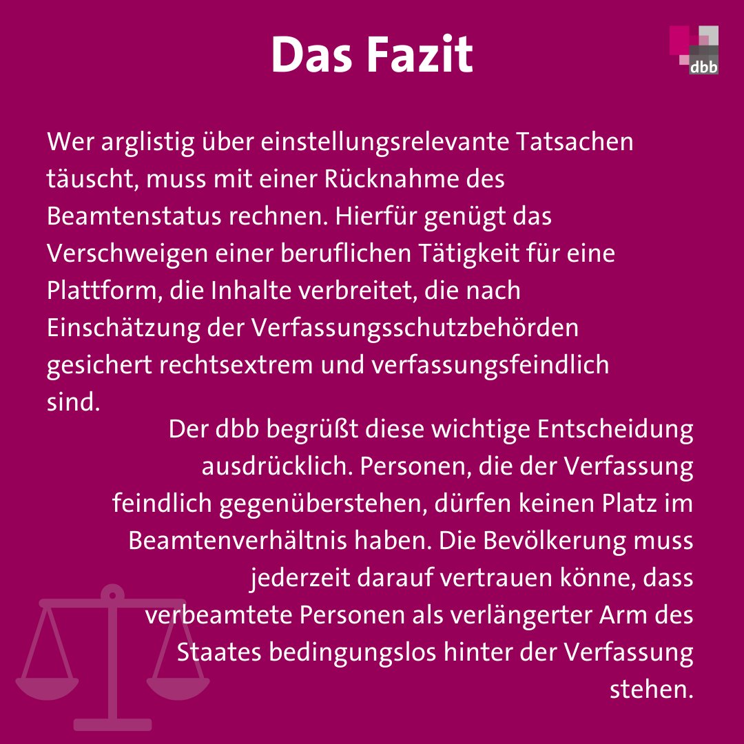 ⚖️ Eine Beamtenanwärterin aus Brandenburg hat ihrem Dienstherrn gegenüber verschwiegen, dass sie ebenfalls für rechtsextreme Magazin COMPACT tätig ist. Nachdem das herauskommt, nimmt der Dienstherr ihre Ernennung zur Beamtenanwärterin zurück. Zu Recht, findet der dbb!