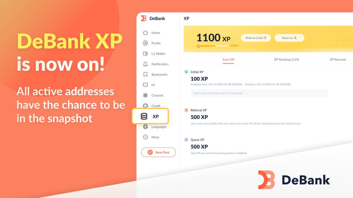 Crypto_Pranjal's tweet photo. Debank XP is Now Live! Claim yours! 🔥

Claim here: https://t.co/JjAhCyO3Am

5% bonus if you use a referral code: 62345

📸 Snapshot was taken on 4th July.

Join and complete Quests launched by Official Accounts to earn more rewards and XP on an ongoing basis.