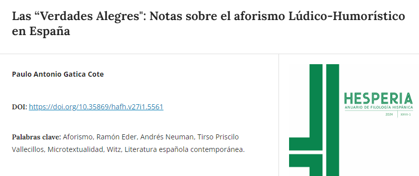 HesperiaRevista's tweet photo. ¿Te interesan los aforismos como fenómeno literario?

No te pierdas este artículo de @Paulogaticacote sobre estos en las obras de Ramón Eder, Andrés Neuman y Tirso Priscilo Vallecillos

DOI: https://t.co/FOVlbqDOx6 https://t.co/W5z0tKgSuF