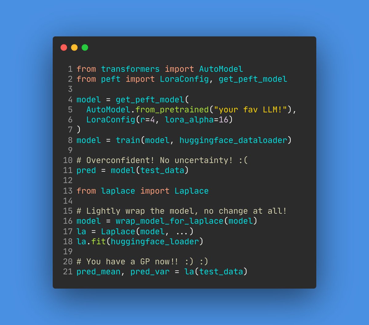 🚨 laplace-torch v0.2 has been released! It’s all about foundation models!

You can now easily do probabilistic inference on Huggingface’s LLMs and reward models 🤩
github.com/aleximmer/Lapl…

New features! 👇 (1/6)

Great effort by <a href="/runame_/">Runa Eschenhagen</a> , <a href="/a1mmer/">Alexander Immer</a>, and contributors!