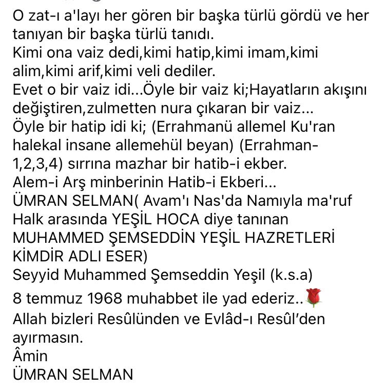 SemseddinYesil's tweet photo. Seyyid Muhammed Şemseddin Yeşil Efendi Hazretlerinin 8 Temmuz 1968’de Alem-i Cemale Teşrifinin sene-i devriyesi olan bugün Allah CC şefaâtlerine nâil eylesin bizleri inşallah
Allah bizleri Resûlünden ve Evlâd-ı Resûl’den ayırmasın.🌹
Amin https://t.co/SpbUHGRrHn