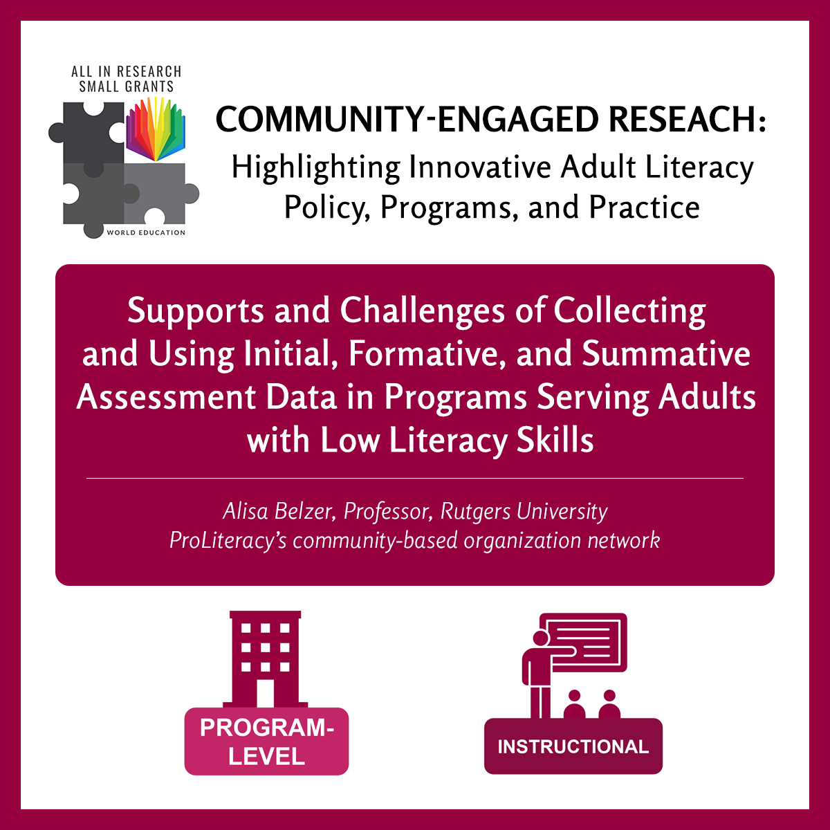 On June 3, Alisa Belzer shared her work with <a href="/ProLiteracy/">ProLiteracy</a>, which supports literacy programs that help adults learn to read and write, during the ALL IN Research Small Grants Initiative webinar showcase. Learn more here: rb.gy/vrzev9