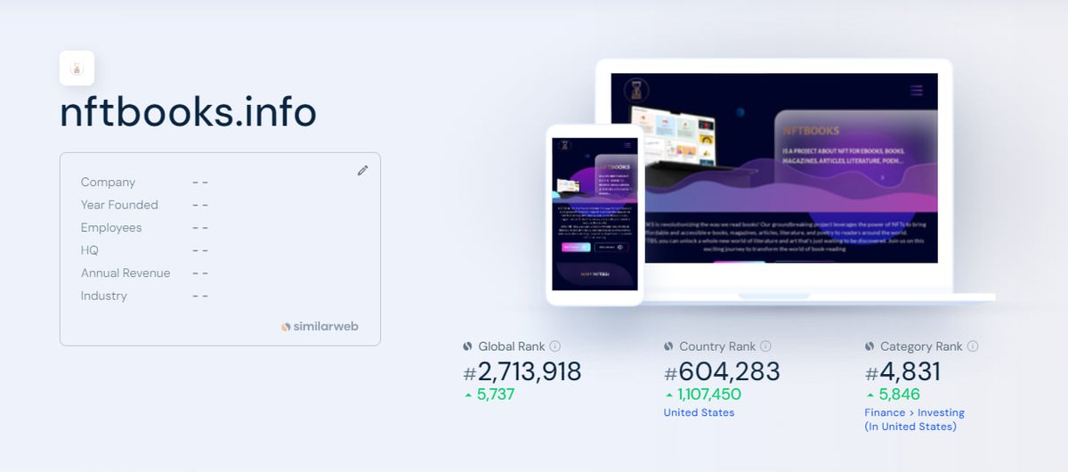 📈🚀 NFTBOOKS is on the rise! Our global rank is now #2,713,918, with a major leap in the US to #604,283. 

We're transforming the way you read and invest in books. Join us on this exciting journey 

#NFTBooks #Blockchain #publishing #Web3