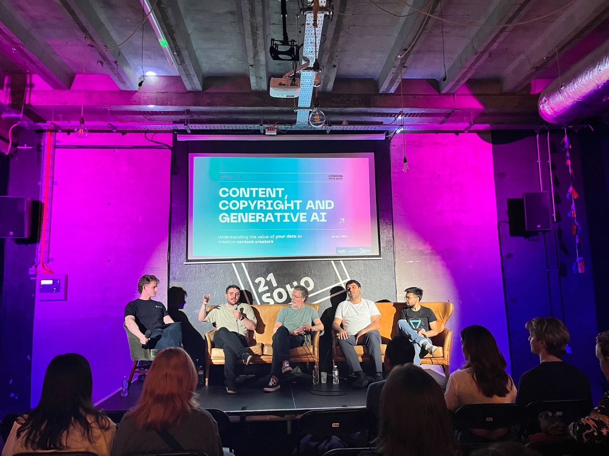 Valyu (@valyunetwork) on Twitter photo We had an incredible time last week discussing Content, Copyright, and Generative AI as part of London Data Week, in collaboration with <a href="/turinginst/">The Alan Turing Institute</a>. Special thanks to speakers <a href="/EmreKazim_/">Emre Kazim</a>, Simon Wheeler <a href="/beggarsgroup/">Beggars Group</a>, Terrence Broad <a href="/ual_cci/">UAL Creative Computing Institute</a>, <a href="/zk108/">Hirsh Pithadia ∇</a>, and moderator <a href="/mokumkiwi/">Henk Van Der Sande ∇</a> for We had an incredible time last week discussing Content, Copyright, and Generative AI as part of London Data Week, in collaboration with <a href="/turinginst/">The Alan Turing Institute</a>. Special thanks to speakers <a href="/EmreKazim_/">Emre Kazim</a>, Simon Wheeler <a href="/beggarsgroup/">Beggars Group</a>, Terrence Broad <a href="/ual_cci/">UAL Creative Computing Institute</a>, <a href="/zk108/">Hirsh Pithadia ∇</a>, and moderator <a href="/mokumkiwi/">Henk Van Der Sande ∇</a> for