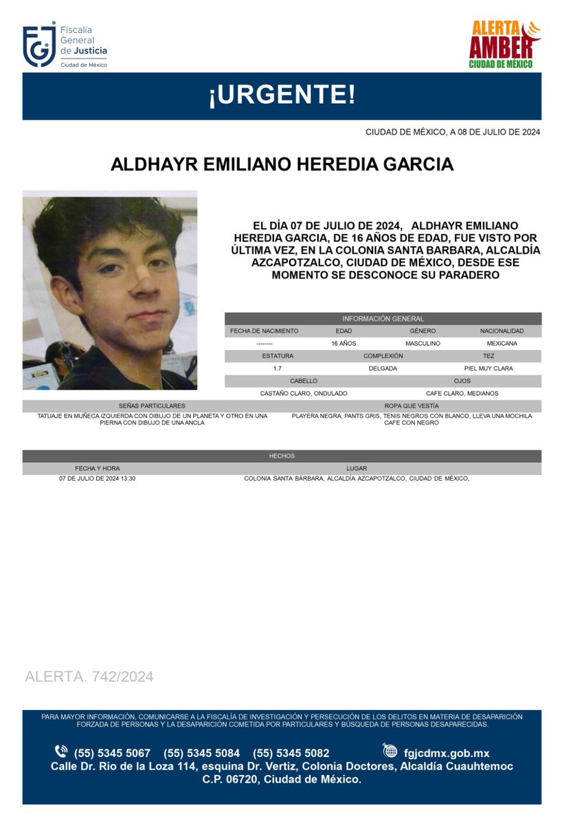 Se activa #AlertaAmber para localizar al menor de 16 años de edad, de nombre Aldhayr Emiliano Heredia García, fue visto por última vez el día 7 de julio 2024 en la colonia Santa Bárbara, alcaldía #Azcapotzalco