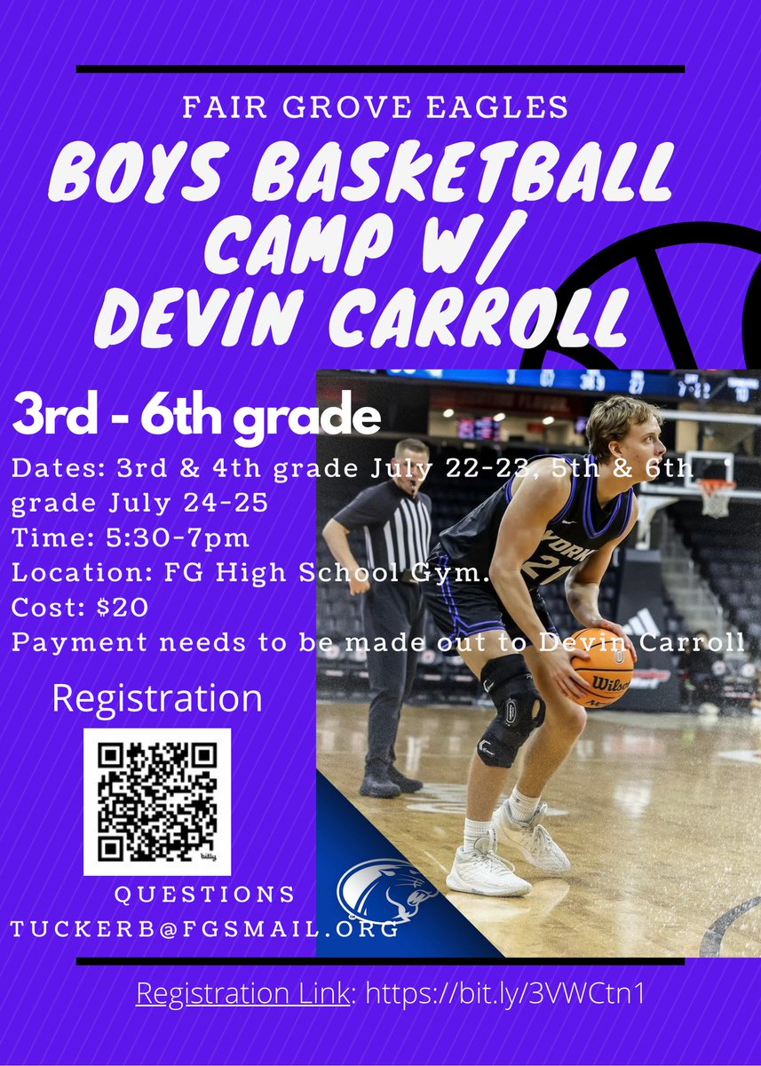 We are really excited to announce former Eagle and current York University Panther Devin Carroll will be hosting a basketball camp for incoming 3rd through 6th grade boys at Fair Grove. 
Link to sign up for camp with Devin: bit.ly/3VWCtn1