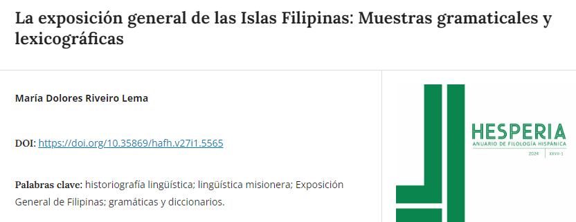HesperiaRevista's tweet photo. María Dolores Riveiro Lema presenta en el último número de Hesperia un análisis de la exposición general de 1887 de las Islas Filipinas buscando muestras gramaticales y lexicográficas, ¡no te lo pierdas!

DOI: https://t.co/D9t5Ln9zEb https://t.co/GmimlpZP9H
