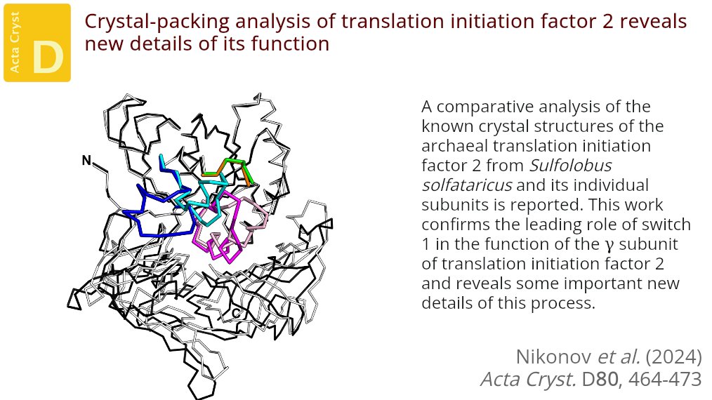 ActaCrystD's tweet photo. Analysis of the structures of translation initiation factor 2 in ten different space groups leads to a better understanding of the structure and transitions of the nucleotide-binding pocket #MolecularPacking #TranslationInitiationFactor2 https://t.co/vgvXFdNzTf https://t.co/UPzj70i4km