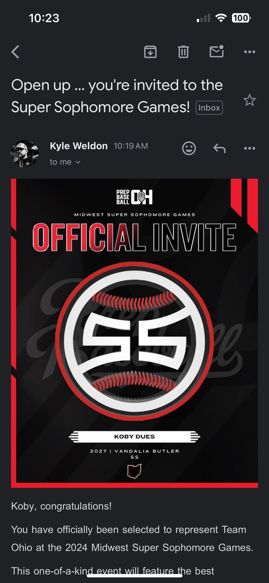Thank you for the invite <a href="/weldyprep/">Kyle Weldon</a> <a href="/PrepBaseballOH/">Prep Baseball Ohio</a> to the Super Sophmore Games, can’t wait to go and compete! <a href="/BJEBaseball/">Bo Jackson Elite Baseball</a> <a href="/BJE_Recruiting/">Bo Jackson Elite Baseball Recruiting</a> <a href="/butler_baseball/">Butler Baseball</a>