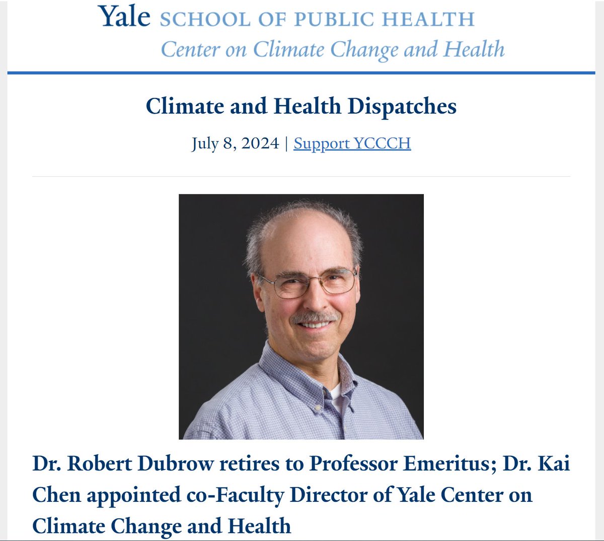 Kai Chen (@chenkai_yale) on Twitter photo Honored and thrilled to be passed the torch as the co-director <a href="/CCHYale/">Yale Center on Climate Change & Health</a> <a href="/YaleSPH/">Yale School of Public Health</a> A huge thank you to Dr. Dubrow for his incredible leadership and remarkable achievement over the past 9 years.
Check out our #ClimateandHealth Dispatches 👉
view.message.yale.edu/?qs=d5e11b2e6b… Honored and thrilled to be passed the torch as the co-director <a href="/CCHYale/">Yale Center on Climate Change & Health</a> <a href="/YaleSPH/">Yale School of Public Health</a> A huge thank you to Dr. Dubrow for his incredible leadership and remarkable achievement over the past 9 years.
Check out our #ClimateandHealth Dispatches 👉
view.message.yale.edu/?qs=d5e11b2e6b…