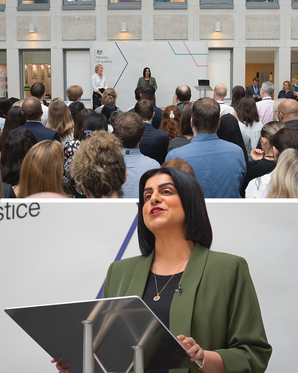 MoJGovUK's tweet photo. Today, Lord Chancellor @ShabanaMahmood addressed staff from across the nation at @MoJGovUK HQ.

She outlined her vision for the future of justice, including prison reform, driving down court backlogs, strengthening probation &amp; tackling violence against women and girls. https://t.co/ryLNSWTwiS