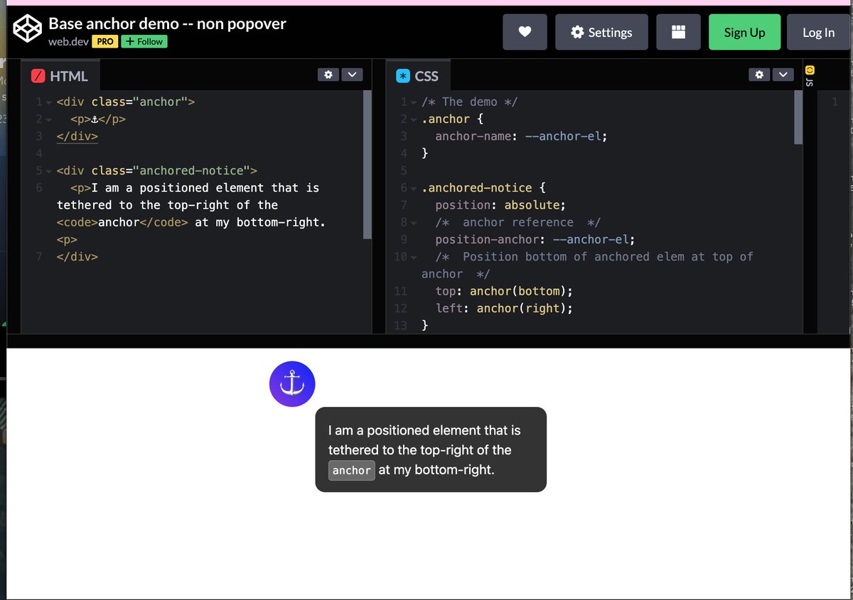 If you write CSS, this new Chrome feature might make CSS less stressful for you. 

You can position items absolutely to corners without having to try 20 combos to get it right 😅. 

You can do much more.
Read more here: developer.chrome.com/blog/anchor-po…
#CSS #webdev