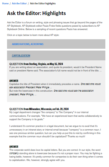 APStylebook's tweet photo. A Stylebook Online subscriber came to Ask the Editor with a dilemma: My Legal department changes "the company" to "the Company" in our internal communications.
Check out our Ask the Editor highlights for guidance on real-life style issues like this one: https://t.co/ZpM9PnhtWu https://t.co/EgG8pmgzGS
