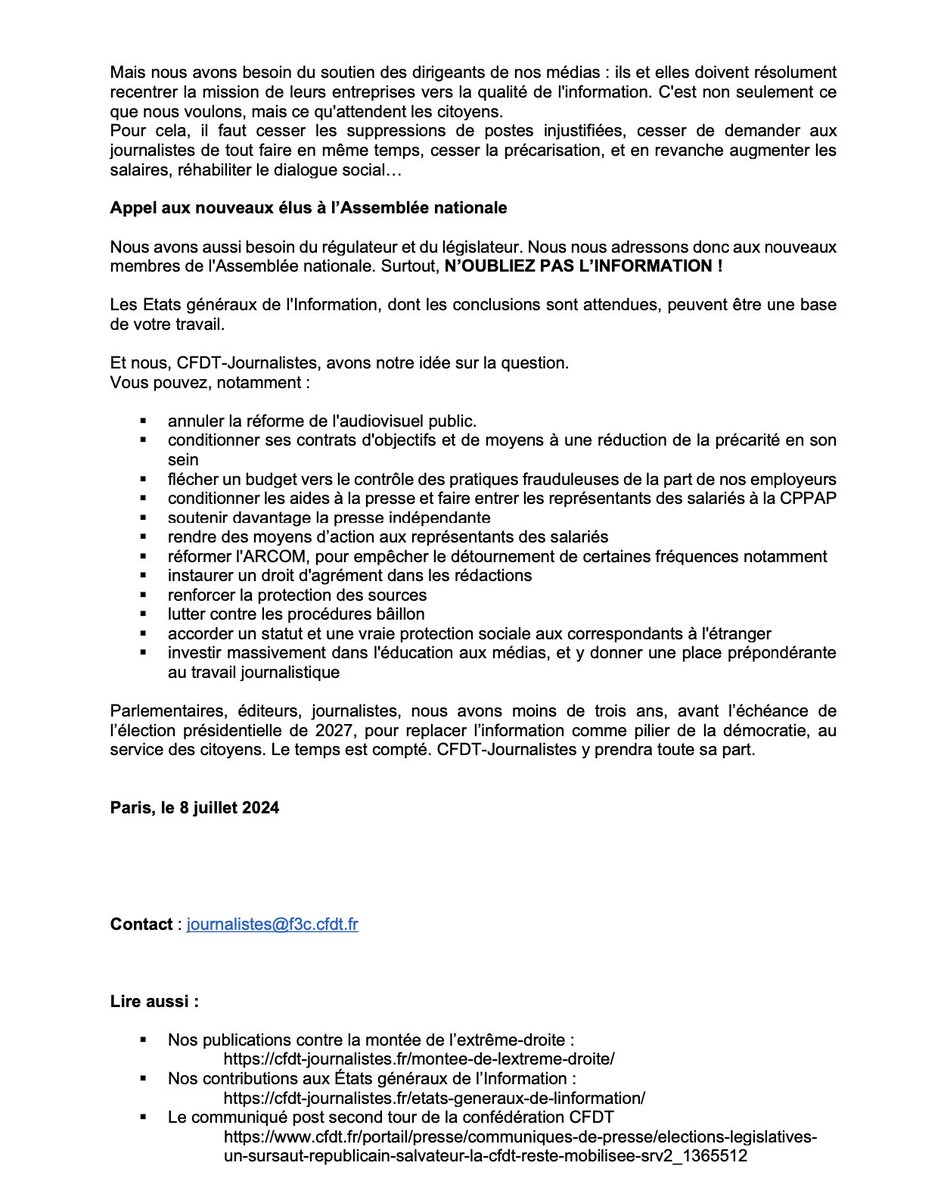 USJCFDT's tweet photo. 🇫🇷LEGISLATIVES 🇫🇷
Notre soulagement est immense 😮‍💨
L’heure est à la reconstruction.
Nous appelons les #journalistes, les éditeurs, et les parlementaires, à se mettre au travail pour que les médias se réforment en profondeur d'ici la présidentielle de 2027.
https://t.co/Ei3I1gfK7E https://t.co/qyP0AWMOH9
