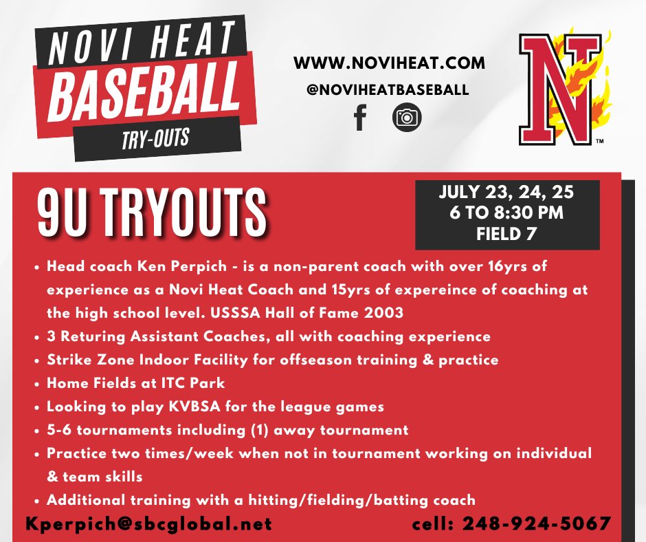 Novi Heat Baseball (@noviheat) on Twitter photo ⚾9U Tryouts⚾
Novi Heat 9U is holding tryouts for the 2025 season on July 23-35th! Head Coach Ken Perpich is a non-parent with many years of coaching experience in the Novi Heat Organization as well as at the high school level. 
Register Now!
leaguelineup.com/formpreview.as… ⚾9U Tryouts⚾
Novi Heat 9U is holding tryouts for the 2025 season on July 23-35th! Head Coach Ken Perpich is a non-parent with many years of coaching experience in the Novi Heat Organization as well as at the high school level. 
Register Now!
leaguelineup.com/formpreview.as…