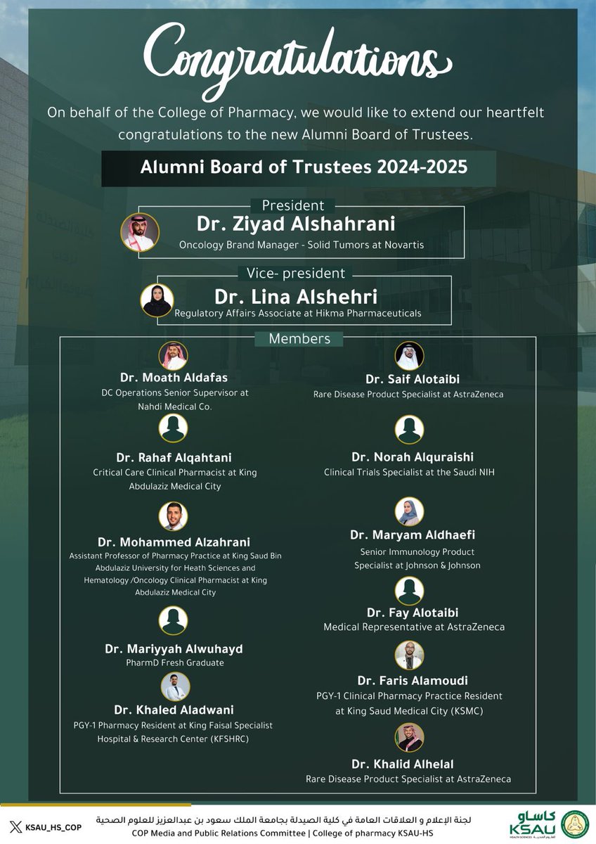 KSAU_HS_COP's tweet photo. تبارك كلية الصيدلة ترشيح #مجلس_الخريجين_الثقات الجديد لعام ٢٠٢٤-٢٠٢٥ م بقيادة د. زياد الشهراني و د. لينا الشهري. 

جهود المجلس مميزة منذ إنشاءه ليدعم مسيرة الطلبة و الخريجين المهنية على حد سواء. 

شاركونا بالترحيب بالمجلس القادم و ترقبوا الكثير من الفعاليات المهنية و الإرشادية! https://t.co/dcTG7RKyc1