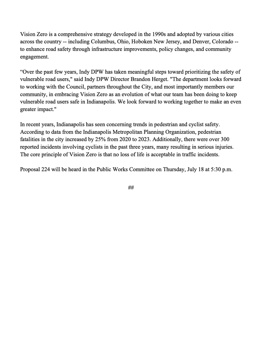 RELEASE: Indianapolis City-County Council Introduces Vision Zero Proposal to Enhance Pedestrian and Cyclist Safety