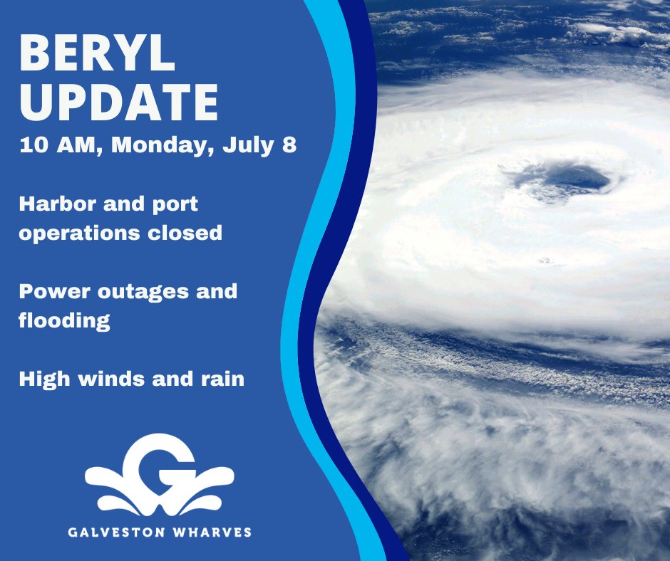Galveston Harbor and port operations remain closed. Flooding due to storm surge and rain hinder access and obstruct roadways in and around the port complex.  Power remains out. When conditions allow, assessments will be made to reopen the port. #Beryl