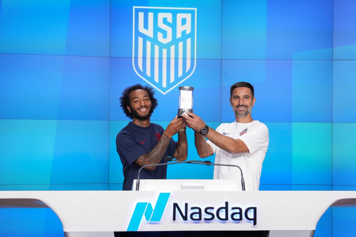NasdaqExchange's tweet photo. ️⚽️ One nation. One team. One giant welcome to @ussoccer!

🎉The U.S. Olympic Men’s Soccer Team Head Coach, Marko Mitrović & Midfielder, Gianluca Busio are ringing the Opening Bell! 

🔥This summer marks the U.S. Men’s return to the Games for the first time since 2008.

👉Don’t miss the U.S. Olympic Men’s Soccer roster: https://t.co/DXUp7atXTe #RoadtoParis #Olympics2024