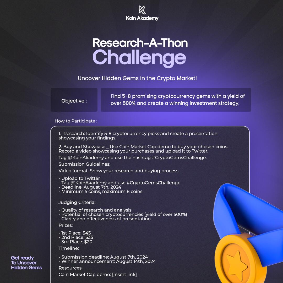koinAkademy's tweet photo. 🚀 Research-A-TON Challenge! 🚀 Uncover hidden gems in the crypto market and win exciting prizes! By Researching, following the instructions below to stand a chance to win cash prizes.
Don't miss out—start now! #CryptoGemChallenge #CUREFOMO #ResearchAThon #KoinAkademy https://t.co/vimeAiAZWb