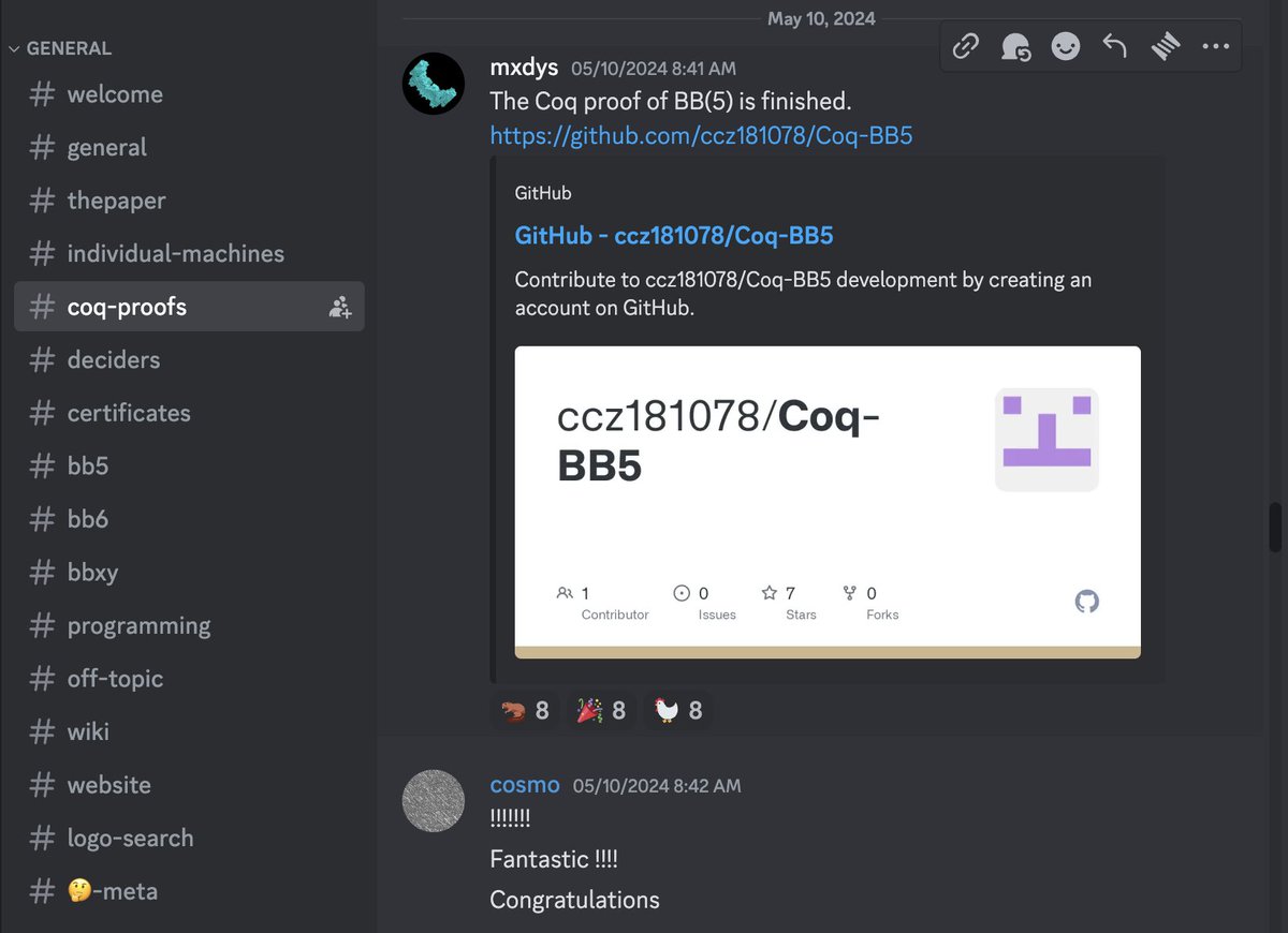 Beginning in the spring of 2022, collaborators tackled a stubborn theoretical computer science problem called BB(5). This is the moment when mxdys, an anonymous user on the group’s Discord server, solved the problem using a proof assistant program. quantamagazine.org/amateur-mathem…