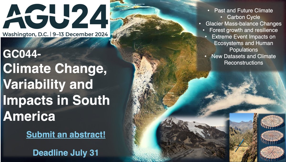 Does your research focus on South American biogeography, the carbon cycle, or climate variability and impacts on ecosystems and human populations ? Consider submitting an abstract to our multidisciplinary AGU session! #agu2024 agu.confex.com/agu/agu24/prel…