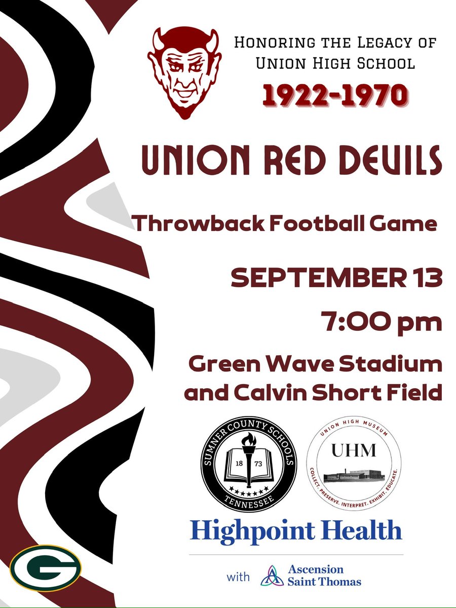 GHSGreenWave's tweet photo. GHS will host a throwback game to celebrate the legacy of Union High School on September 13th. GHS players, cheerleaders, dancers, and band will wear Red Devil gear to honor UHS. #community https://t.co/c8oePAz8eh