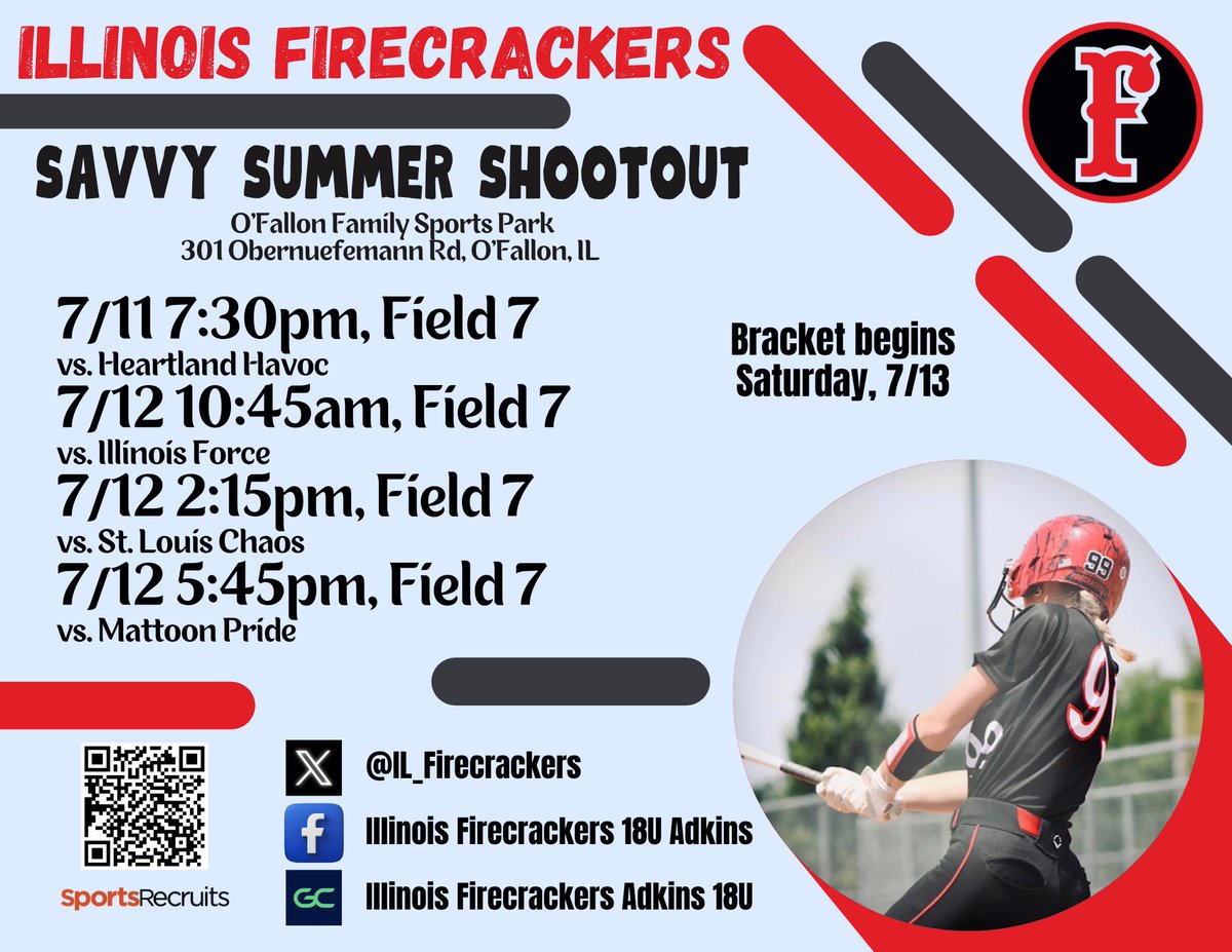 IL_Firecrackers's tweet image. The Illinois Firecrackers will be at the Savvy Summer Shootout in O’Fallon, Illinois this weekend for their last tournament of the summer! Come cheer on the team and for our four 2024 graduates playing in their last tourney before they head to college!🧨🧨🧨