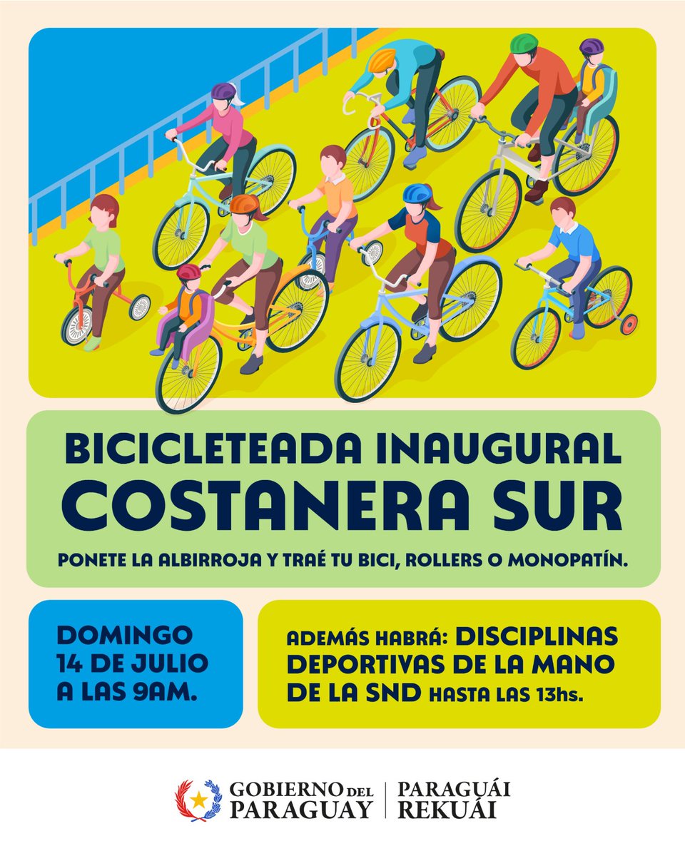 mopcparaguay's tweet photo. 🥳 ¡Inauguramos la #CostaneraSur este domingo 14 con una gran bicicleteada y concierto para disfrutar en familia!

🚴‍♀️El primer evento será a las 09:00 y se extenderá hasta las 13:00 con varias actividades de la @sndpy. 

🎶A las 16:00 disfrutaremos del gran show de #TierraAdentro https://t.co/3Ok2gRERMC