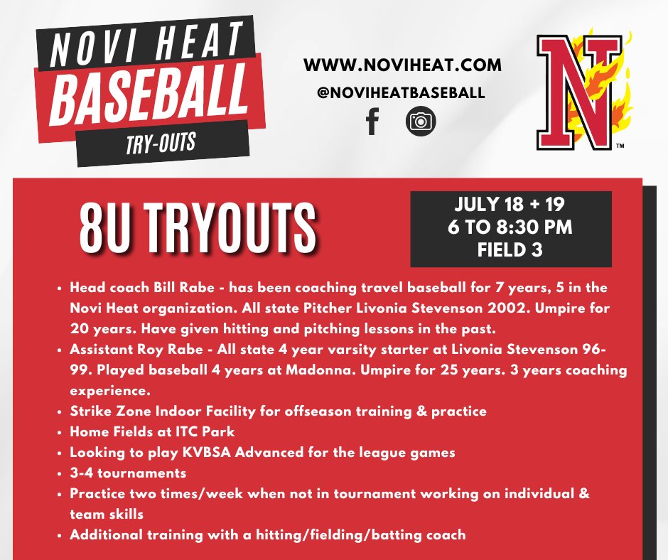 Novi Heat Baseball (@noviheat) on Twitter photo ⚾8U Tryouts⚾
Novi Heat is looking to field an 8U team for the 2025 season and will be holding tryouts on July 18 + 19. Coach Rabe will be heading up the 8U team and has many years of experience as a Novi Heat coach!
Register Now 👇
leaguelineup.com/formpreview.as… ⚾8U Tryouts⚾
Novi Heat is looking to field an 8U team for the 2025 season and will be holding tryouts on July 18 + 19. Coach Rabe will be heading up the 8U team and has many years of experience as a Novi Heat coach!
Register Now 👇
leaguelineup.com/formpreview.as…