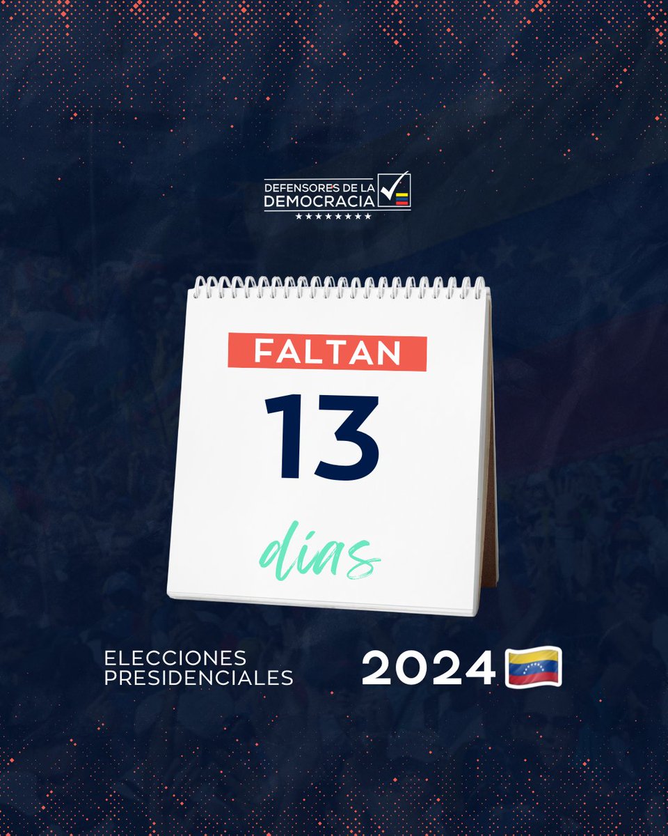 Faltan solo 13 días para las Elecciones Presidenciales 2024 🇻🇪 Seguimos comprometidos en incentivar el voto de todos los sectores democráticos del país.  #Presidenciales2024 #DefensoresdelaDemocracia #Elecciones #Democracia #Venezuela #YoSoyDemocracia #YoDefiendoLaDemocracia
