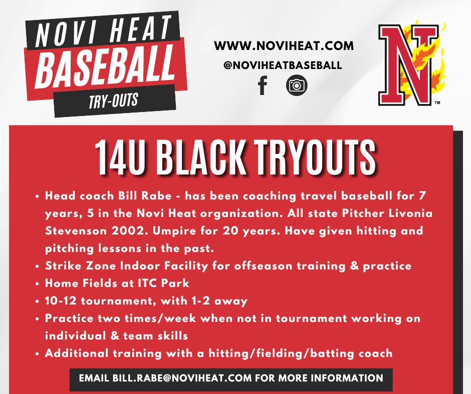 Novi Heat Baseball (@noviheat) on Twitter photo ⚾14U Black Tryouts⚾
If you have a player interested in trying out for the 14U team for the 2025 season, please contact coach Bill Rabe for further information. ⚾14U Black Tryouts⚾
If you have a player interested in trying out for the 14U team for the 2025 season, please contact coach Bill Rabe for further information.