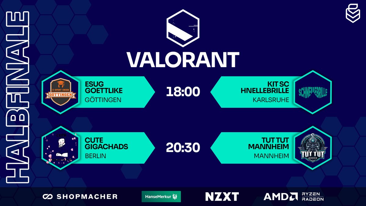 Uniliga (@uniligagg) on Twitter photo In einer Stunde geht es los mit dem Halbfinale in #VALORANT 💥
📺️twitch.tv/uniliga_aim
⚔️<a href="/kitscesports/">KIT SC eSports</a> vs. <a href="/esugesports/">Esport Union Göttingen</a>
⚔️Cute Gigachads vs. <a href="/eSportMannheim/">eSport Uni Mannheim</a>
🎬️<a href="/DontFlashMyR/">Tim Konopka</a>
🎥t1n1tu3 & <a href="/timonvlr/">Timon</a>
📈<a href="/ef_kwyjibo/">kwyjibo | Jendrik</a> & <a href="/CraftyMoustache/">Crafty</a>
🎙️<a href="/Lady_de_Rose/">Kathy x3</a> & <a href="/SHiiDOcasts/">SHiiDO</a> In einer Stunde geht es los mit dem Halbfinale in #VALORANT 💥
📺️twitch.tv/uniliga_aim
⚔️<a href="/kitscesports/">KIT SC eSports</a> vs. <a href="/esugesports/">Esport Union Göttingen</a>
⚔️Cute Gigachads vs. <a href="/eSportMannheim/">eSport Uni Mannheim</a>
🎬️<a href="/DontFlashMyR/">Tim Konopka</a>
🎥t1n1tu3 & <a href="/timonvlr/">Timon</a>
📈<a href="/ef_kwyjibo/">kwyjibo | Jendrik</a> & <a href="/CraftyMoustache/">Crafty</a>
🎙️<a href="/Lady_de_Rose/">Kathy x3</a> & <a href="/SHiiDOcasts/">SHiiDO</a>