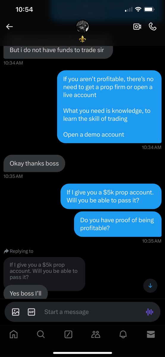 A struggling trader <a href="/_Maliekk03/">Malik🇯🇵</a> sent me a message asking for funds / free challenge account 

Instead of ignoring him, I presented him with an opportunity 

Show me what you can do, and I’ll give you an account. 

He has 30 days to make 12% profits and follow the trading