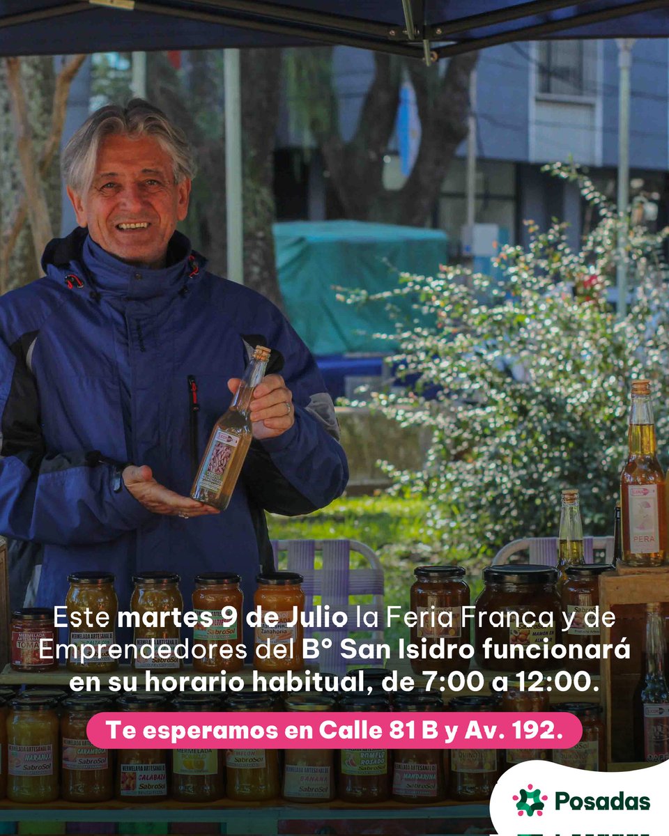 ✨️🇦🇷Este martes 9 de julio, en el aniversario de nuestra independencia, la feria del B° San Isidro, abrirá en su horario habitual, de 7:00 a 12:00 h.

💙🤍💙 Los esperamos con los mejores productos de las chacras, para elaborar platos con sabores bien nuestros! 
<a href="/muniposadas/">Ciudad de Posadas</a>