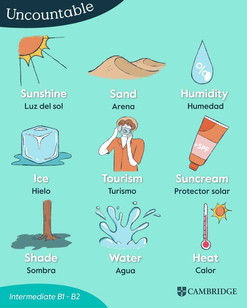 CambridgeEngSP's tweet image. Hoy te compartimos algunas sustantivos incontables relacionadas con el verano ☀️ ¿te sabes alguno más? Compártelo en comentarios.

#Cambridge  #Cambridgelesson #Englishlesson #summer