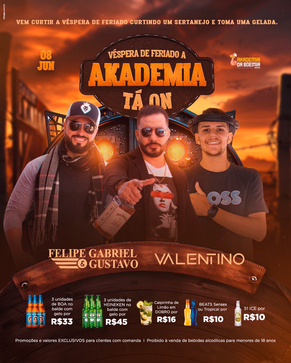 AkademiaBoemia's tweet photo. VÉSPERA DE FERIADO A AKADEMIA TÁ ON 🔥

Vai rolar muita musica sertanejo de qualidade e muitas promoções para curtir com a galera! 🍺

🎤 FELIPE GABRIEL E GUSTAVO
🎧 DJ VALENTINO

Avisa toda a galera e vem curtir a véspera de feriado na sua Akademia favorita! ❤️

E aí, partiu? https://t.co/ODTTu3Bkoj