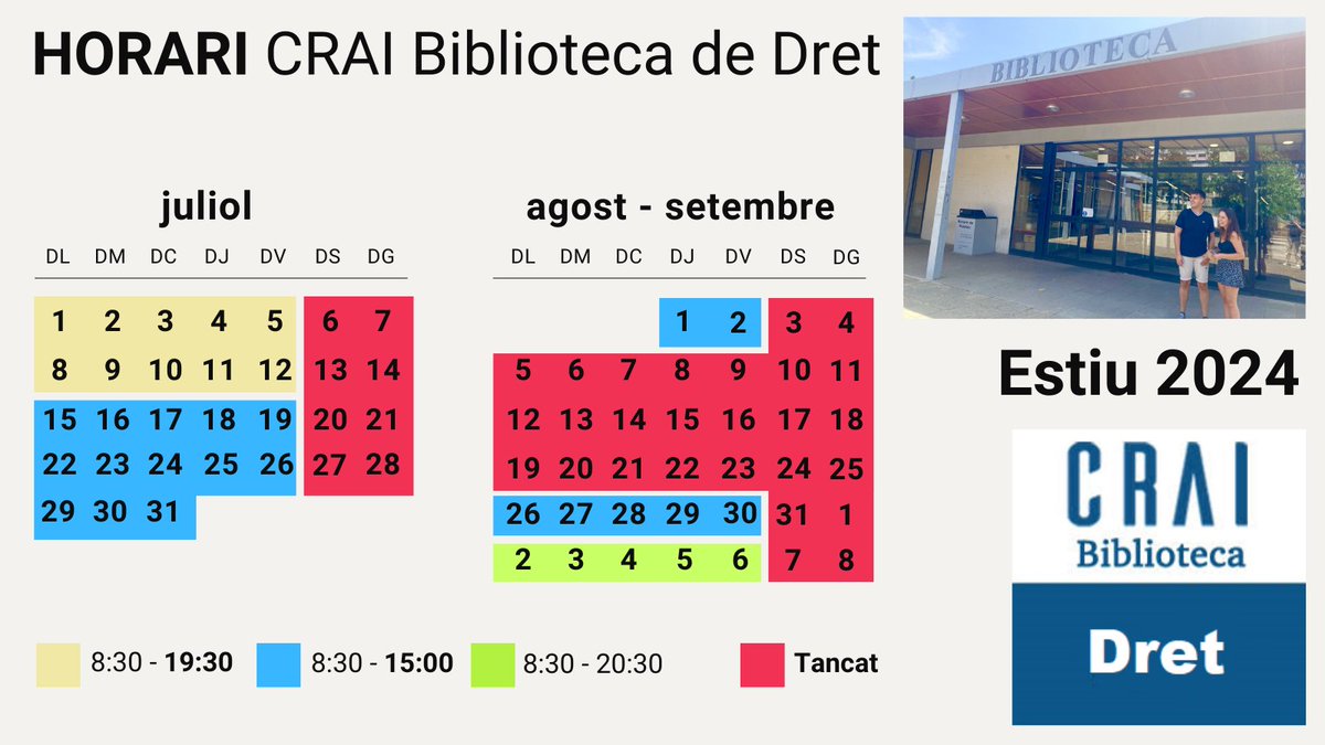 CRAI UB Dret (@bibdret) on Twitter photo 🍍 Calendari d'estiu del #CRAIUB ja disponible.
🗓️ Fins al 30/8
📍 Informa't dels horaris dels #CRAIBiblioteques de la
<a href="/UniBarcelona/">Universitat de Barcelona</a>
👉 crai.ub.edu/horaris
🆕 Notícia: ja.cat/lvUl0 🍍 Calendari d'estiu del #CRAIUB ja disponible.
🗓️ Fins al 30/8
📍 Informa't dels horaris dels #CRAIBiblioteques de la
<a href="/UniBarcelona/">Universitat de Barcelona</a>
👉 crai.ub.edu/horaris
🆕 Notícia: ja.cat/lvUl0