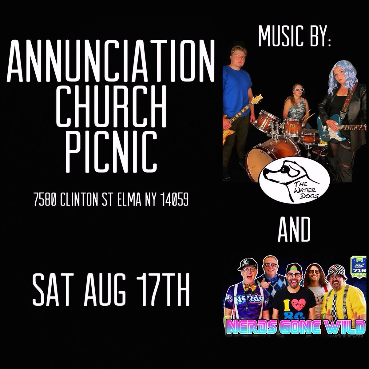 the_water_dogs's tweet photo. Mark your calendars!!  Next month Sat. 8/17 we’ll be playing at the annual Church of the Annunciation Lawn Fete Picnic from 3-5pm!  Come by for some music, food, games, and in the evening Buffalo favorite @NerdsGoneWildNY will be performing!
This is gonna be a great time!🎪🥨🍦 https://t.co/xvdWwrv28b