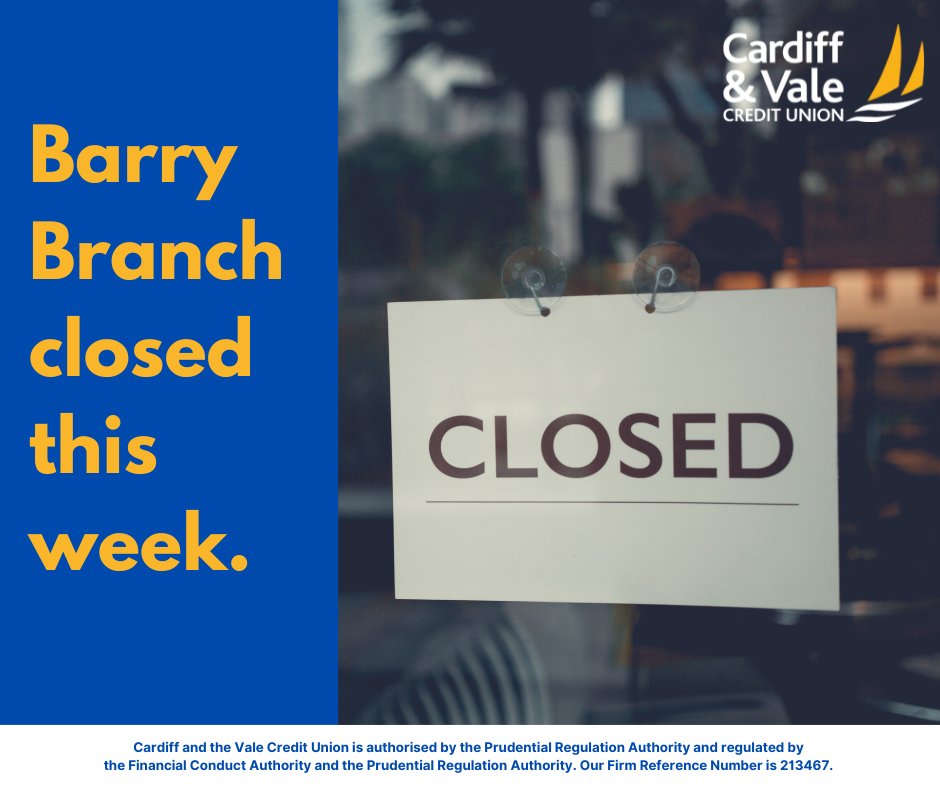 CardiffValeCU (@cardiffvalecu) on Twitter photo Our Barry branch will be closed this week, and will reopen as normal on Monday 15th July.
In the meantime, please contact us / visit our Cardiff branch.
Thank you for understanding.
☎️ 029 2111 1720
📲 ccu@cardiffcu.com
🖥️ cardiffcu.com
📍 4 Working Street, CF10 1GN Our Barry branch will be closed this week, and will reopen as normal on Monday 15th July.
In the meantime, please contact us / visit our Cardiff branch.
Thank you for understanding.
☎️ 029 2111 1720
📲 ccu@cardiffcu.com
🖥️ cardiffcu.com
📍 4 Working Street, CF10 1GN