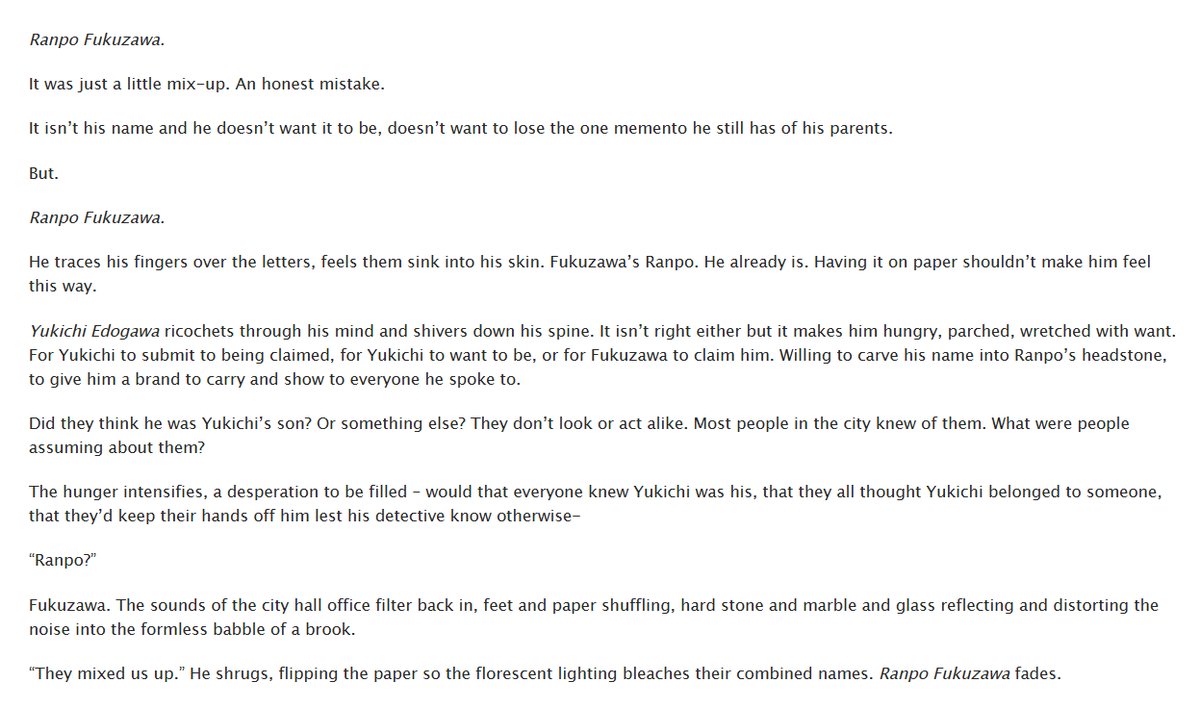 <a href="/FWAE2024/">Fanfic Writer Appreciation Event</a> #ProcessWednesday
Day 31: Process weirdness/Short but powerful!
Here's the entirety of Mispronounced which I thought came our really good by accident.
Fukuran/Ranfuku, 250 words