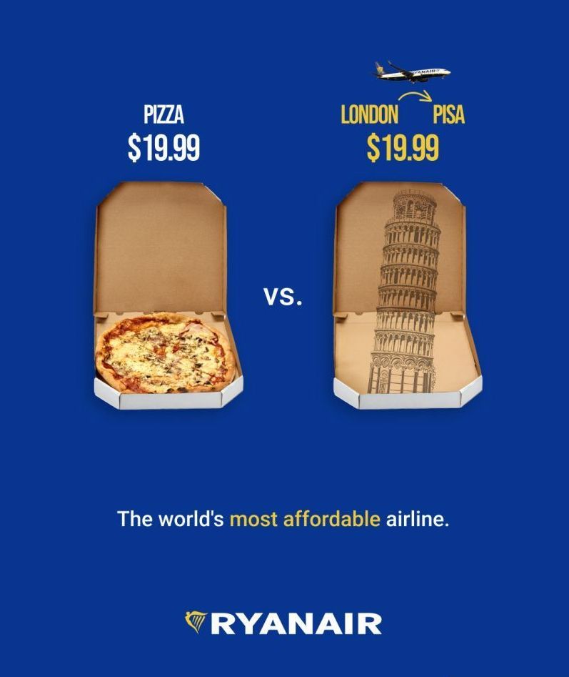 Jonathan Aufray on X: "Pizza vs Pisa. Love this ad from Ryanair. Simple yet  effective. #Advertising #Creativity #Marketing https://t.co/QW6G09rjUK" / X