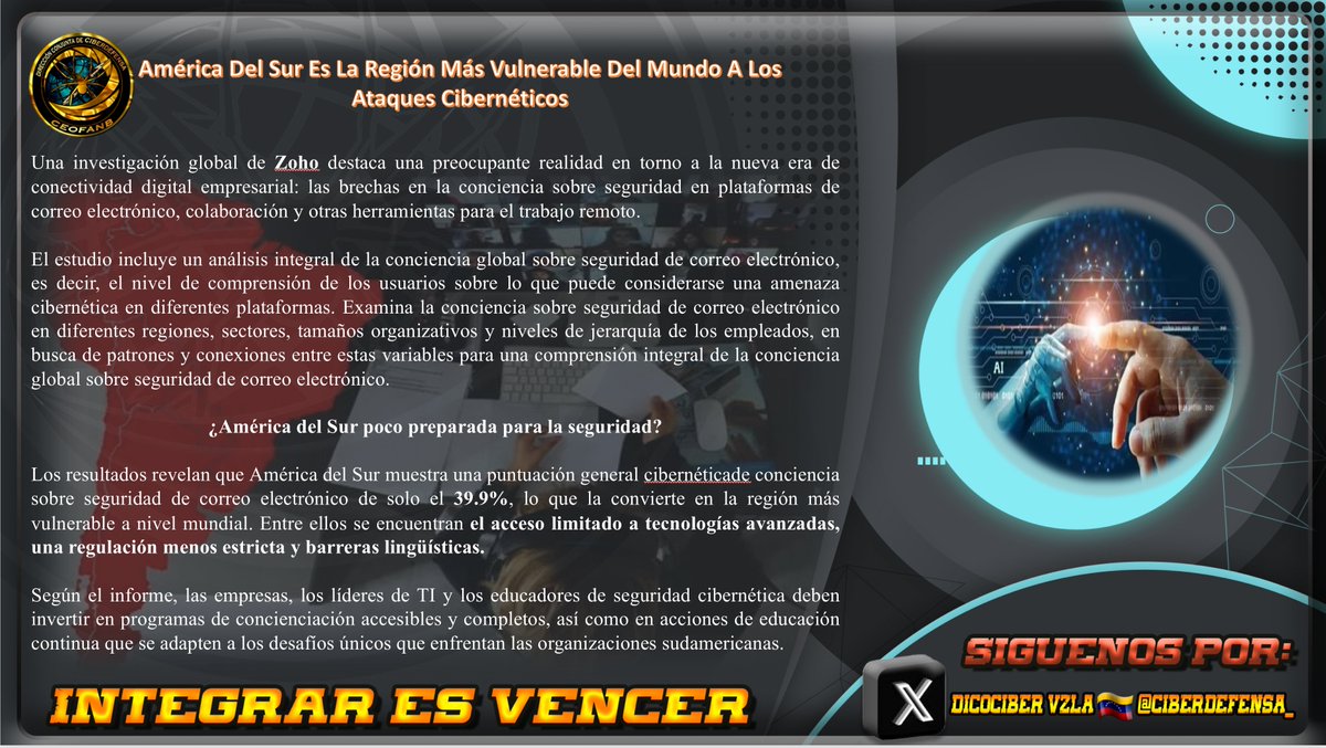 Enterate : 🚀 Desafíos únicos: Acceso limitado a tecnologías avanzadas y regulaciones menos estrictas son algunos de los obstáculos. Sin embargo, hay esperanza: ¡las organizaciones sudamericanas pueden mejorar su preparación! 💪 #Ciberdefensa