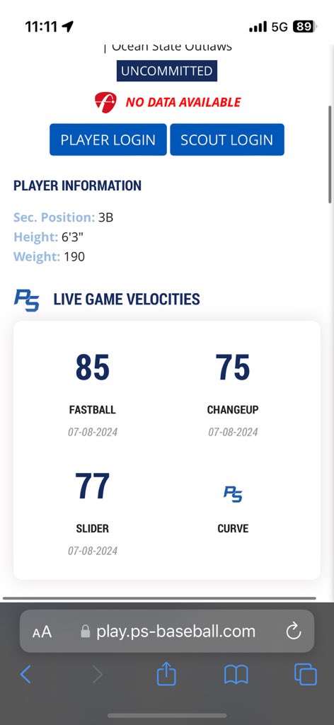 Decent day on the mound, fastball sat 85 topped 87, slider 76-77  and change up 73-75