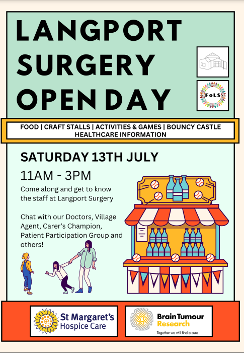 We'll be at the Langport Surgery Open Day on Saturday 13th July. 

Come and find out what goes on at our Langport Carers Group, or what type of support is available locally for people who care for friends or family members on an unpaid basis.

Hope to see you there!