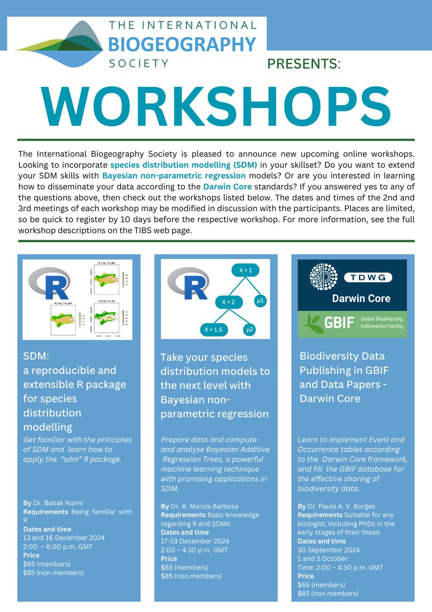 The International Biogeography Society is excited to announce three upcoming workshops. For more details on each course and to register please visit the TIBS website: biogeography.org/news/
