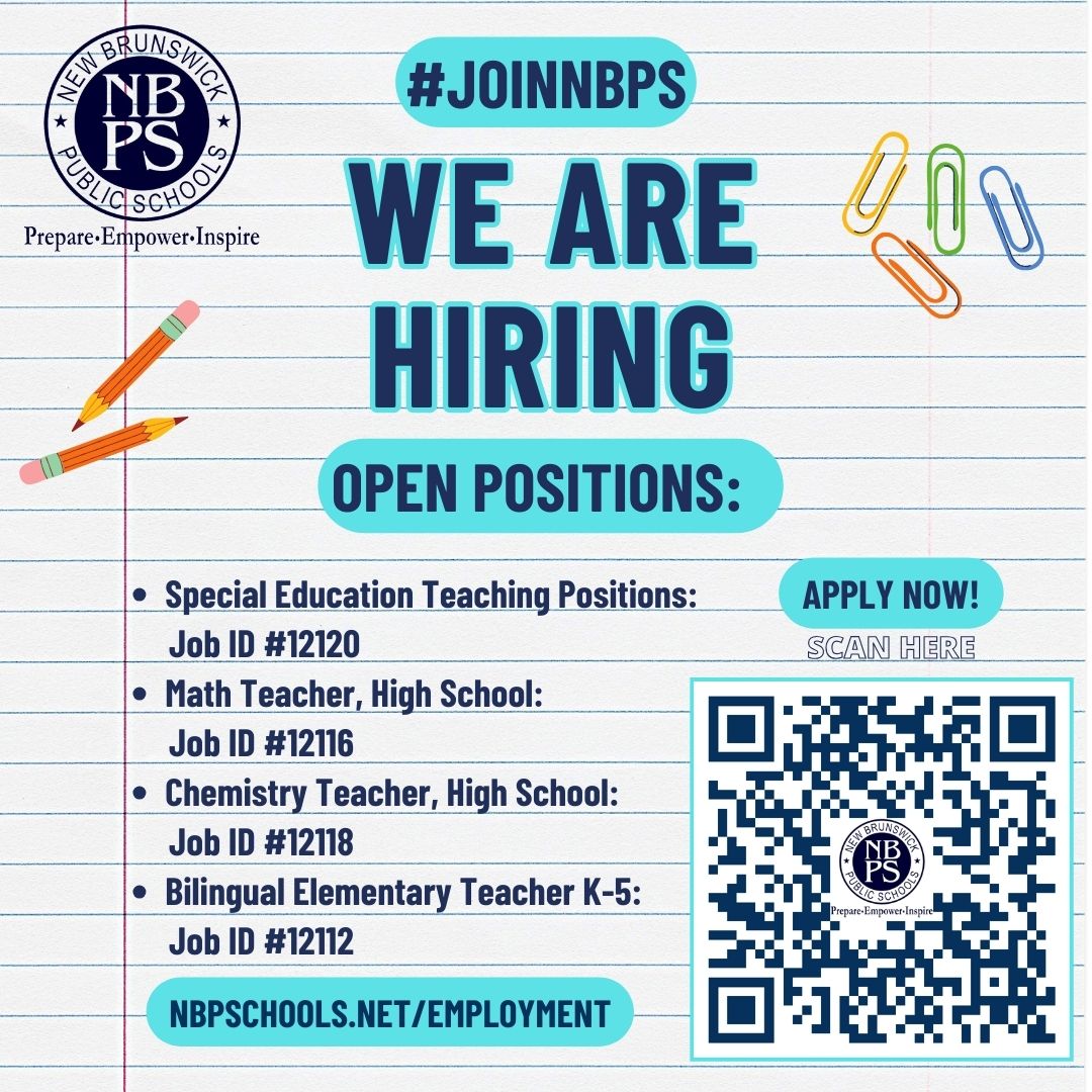 WE ARE HIRING: Explore rewarding career opportunities! Check these and other open positions at nbpschools.net/employment and #JoinNBPS! #Teachwithus #NJEducators #NJTeachers #EducationCareers #WeareHiring #Allin4NB