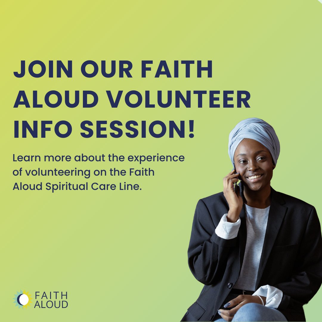 Want to learn more about being a Faith Aloud Spiritual Care Counselor? Join us next Wed 7/17 from 5-6pm ET for a volunteer info session, where we'll discuss the application process and hear from experienced counselors about staffing the line! bit.ly/45Yc9vX