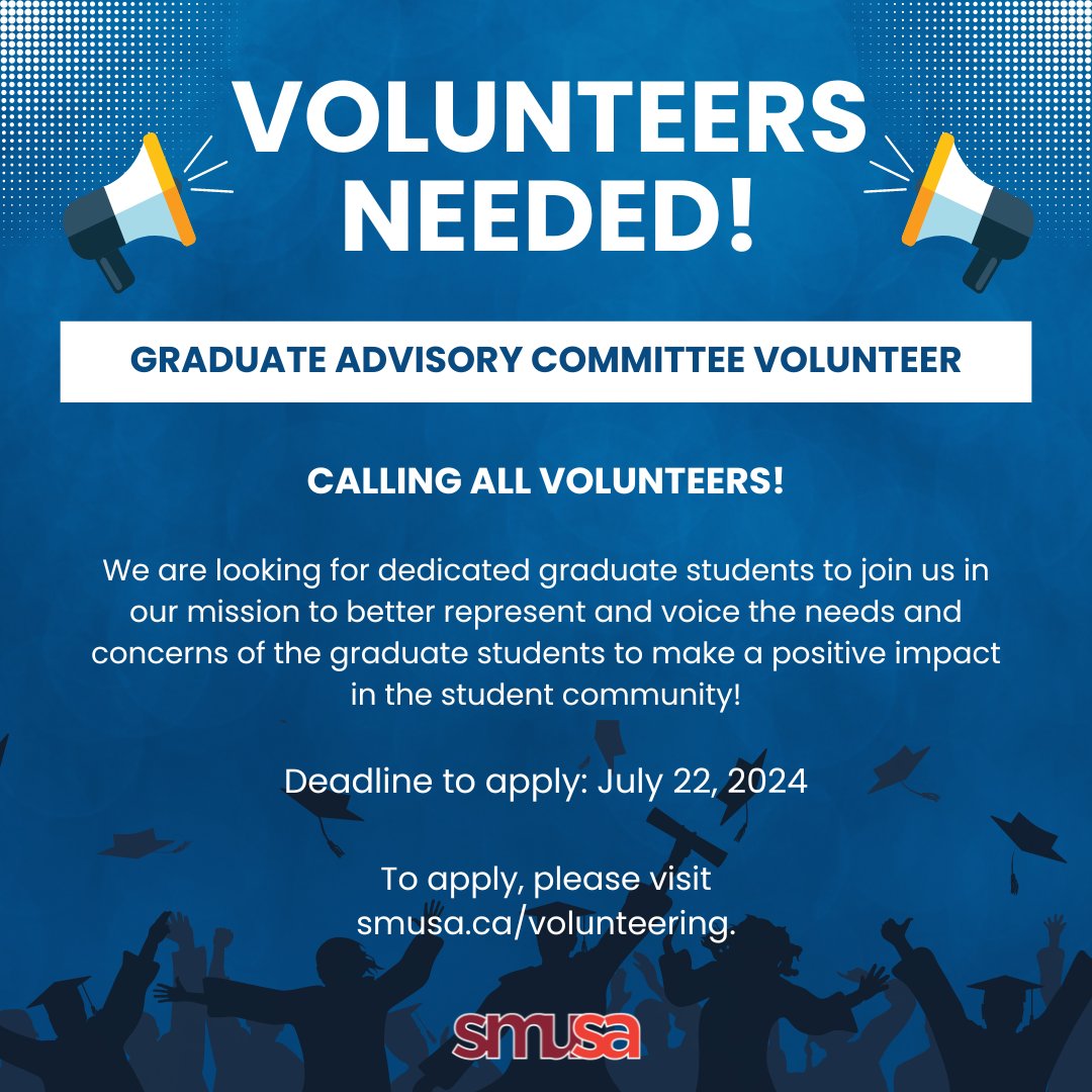 Join the Graduate Advisory Committee to connect with like-minded peers, discuss important issues, and help shape better representation and advocacy for all grad students. 🗣️🤝

Deadline to apply: July 22, 2024! Visit smusa.ca/volunteering to apply.